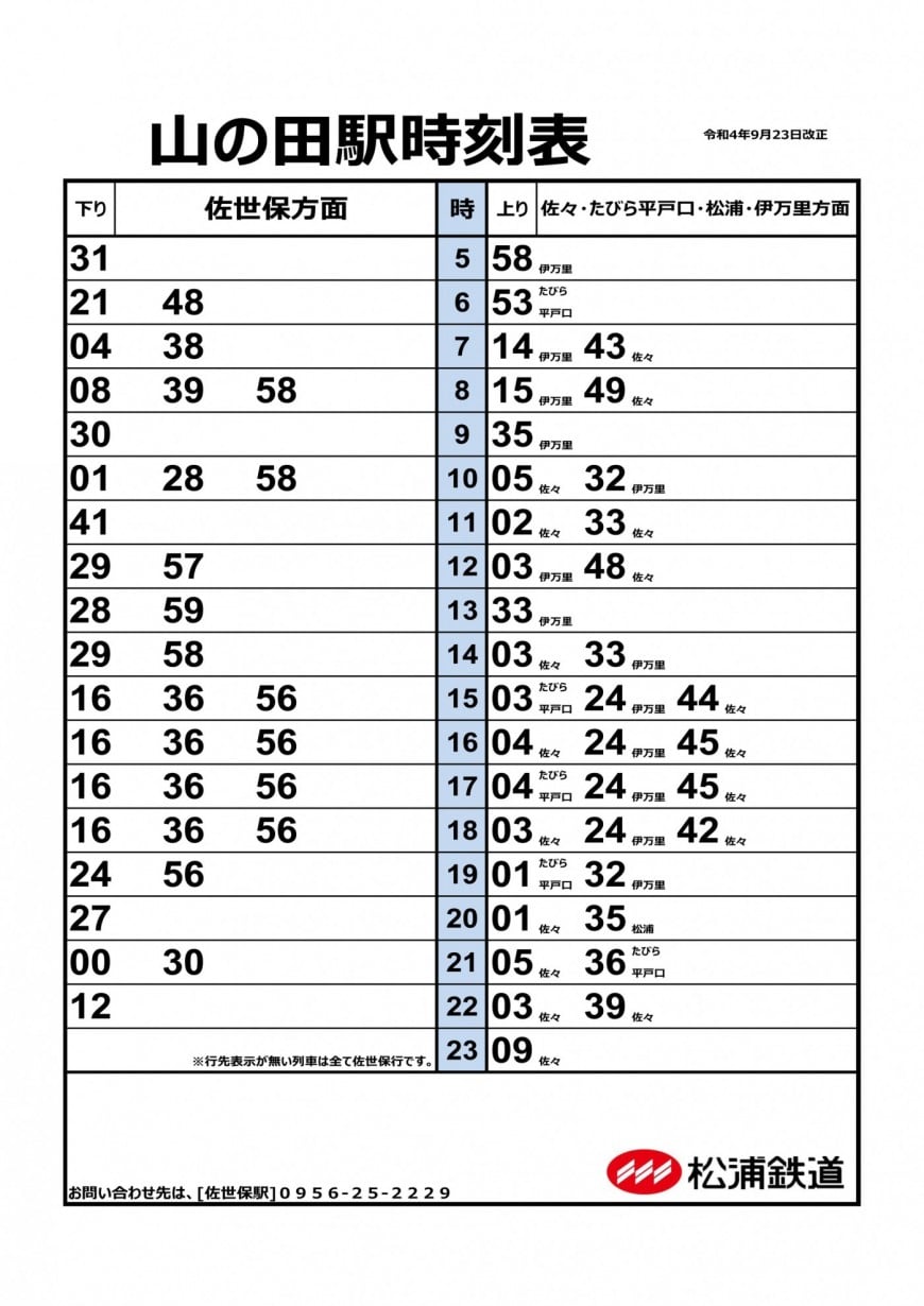 山の田駅時刻表